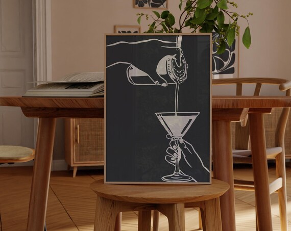 Martini Pour Line Art Black Cocktail Home Bar Modern Art Print