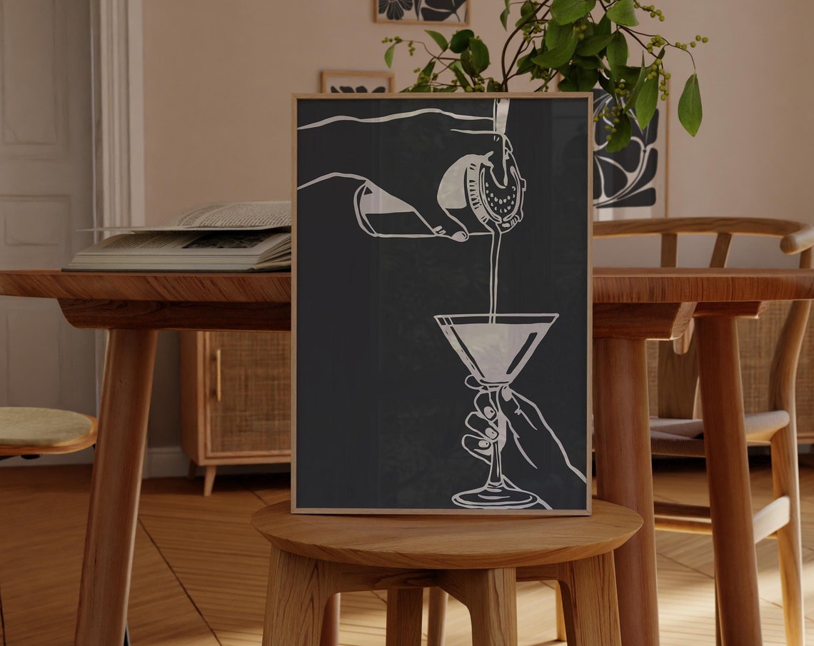 Martini Pour Line Art Black Cocktail Home Bar Modern Art Print