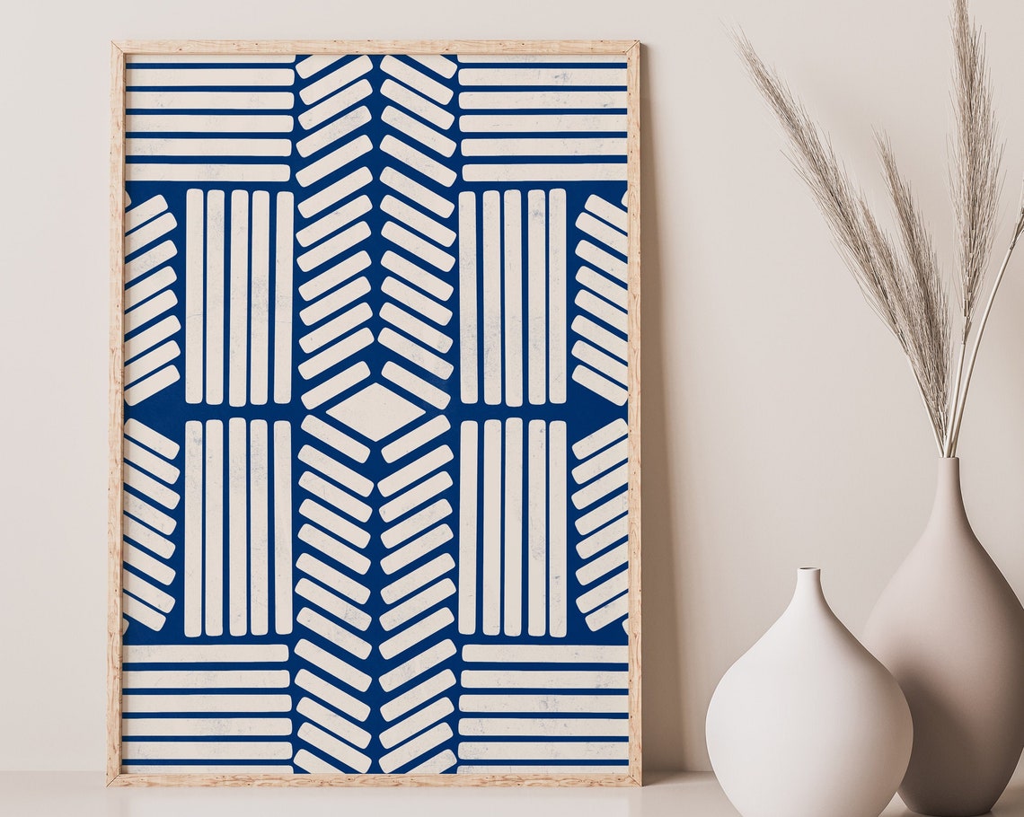 Royal Blue Geometric Line Pattern Minimalist Abstract Modern Wall Art