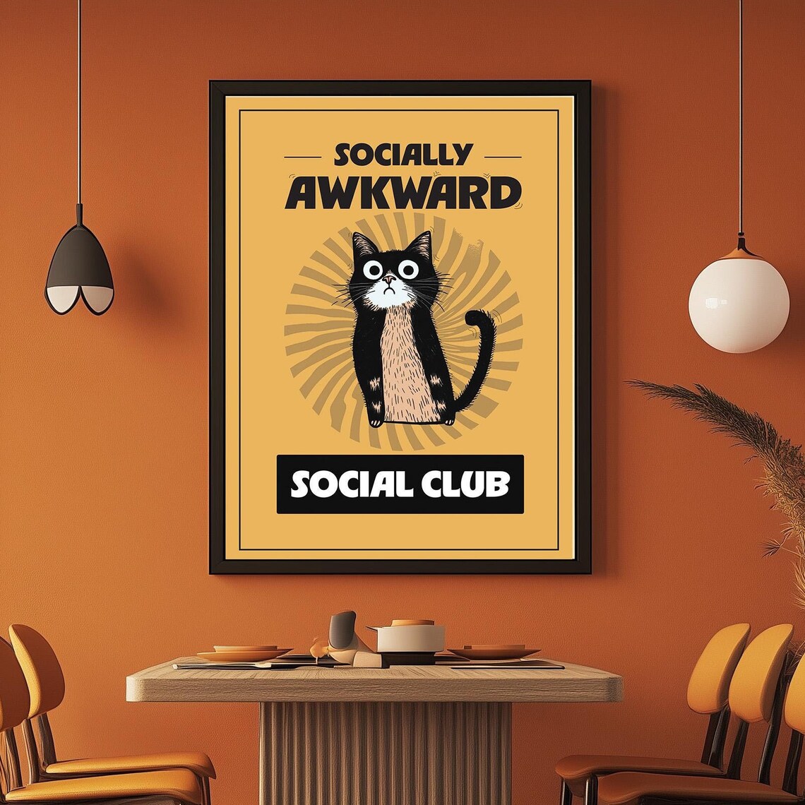 Socially Awkward Social Club Funny Black Cat Retro Mustard Poster