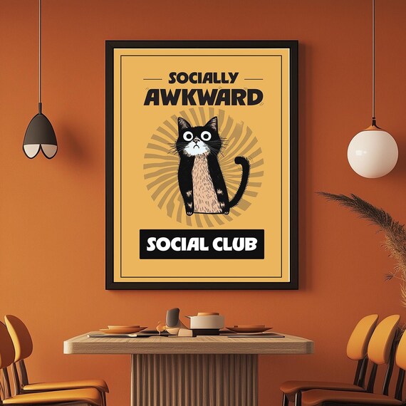 Socially Awkward Social Club Funny Black Cat Retro Mustard Poster