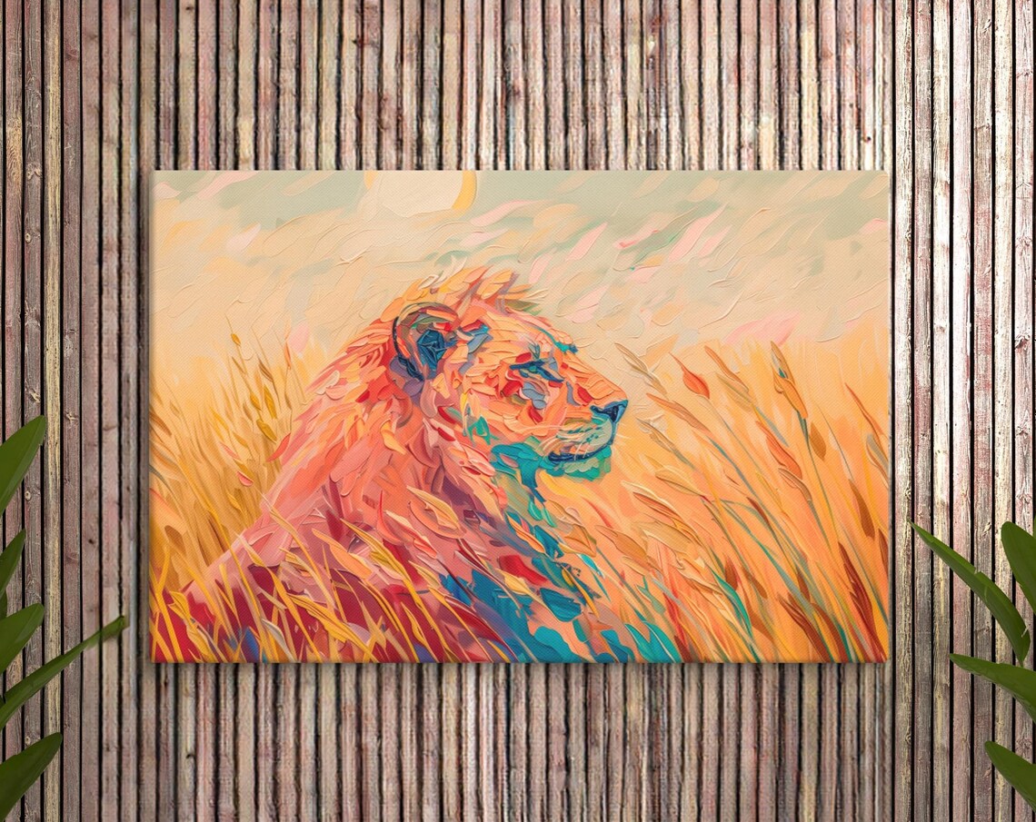 Lion in Golden Grass Impasto Oil Brushstrokes Orange and Teal Art Poster