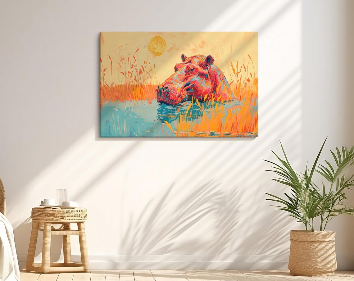 Colorful Hippo in Turquoise Water Safari Wildlife Vibrant Art Poster