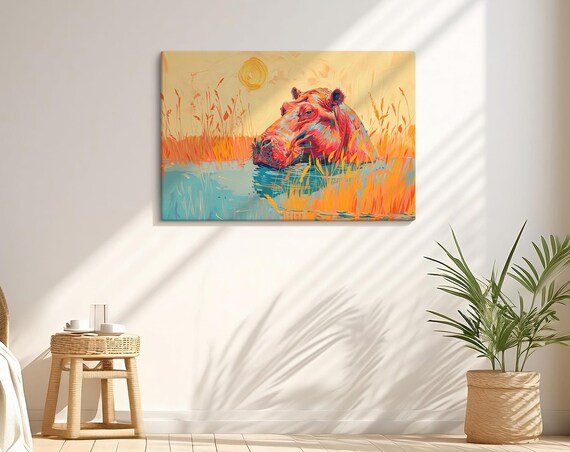 Colorful Hippo in Turquoise Water Safari Wildlife Vibrant Art Poster