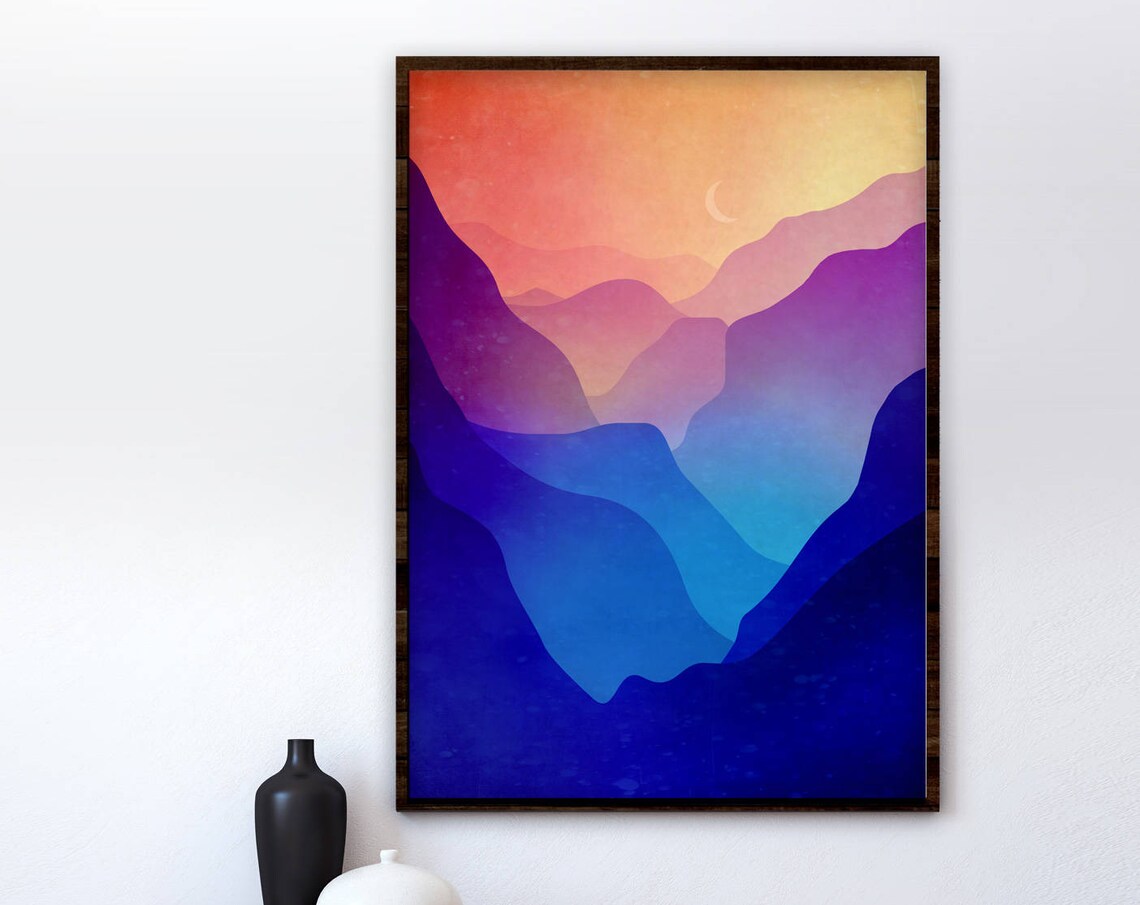 Sunset Valley With Mountains Landscape Art Print - Image 4
