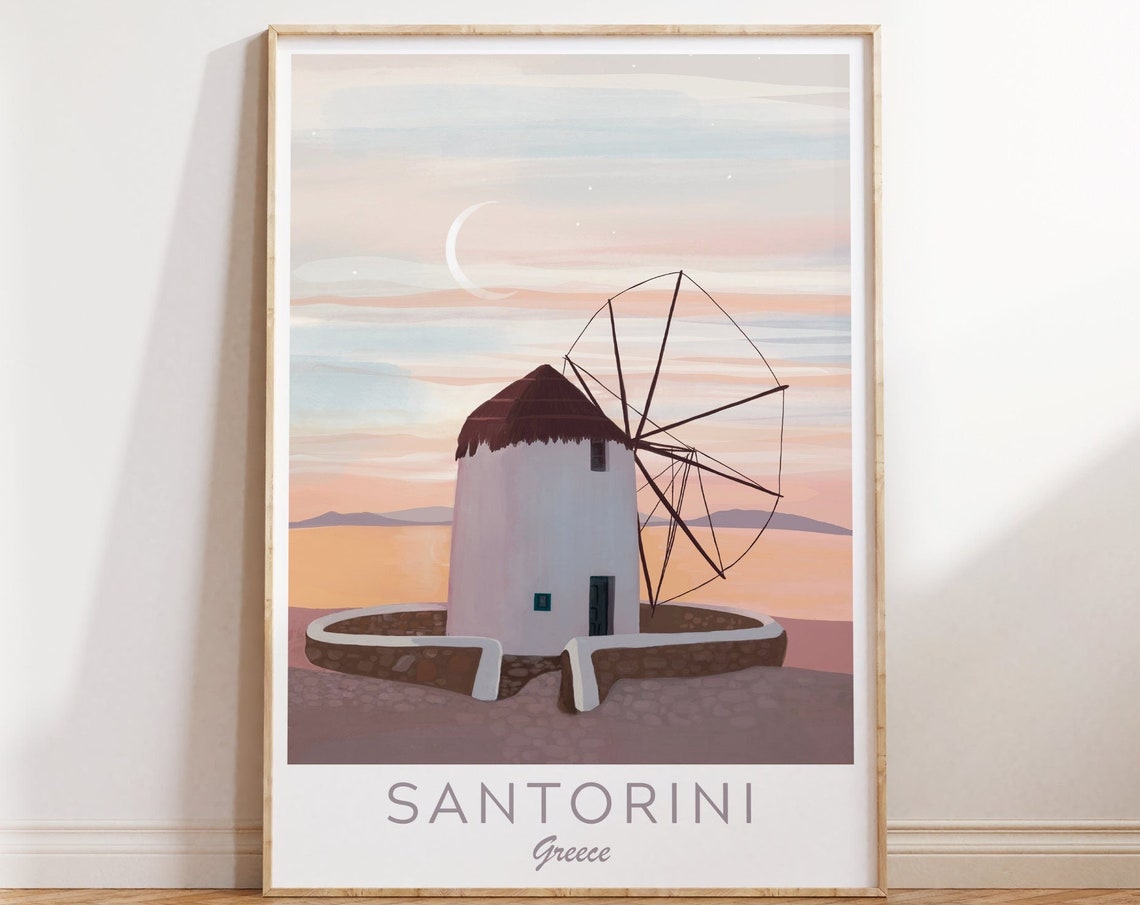 Santorini Greece White Windmill Sunset Crescent Moon Sea View Poster