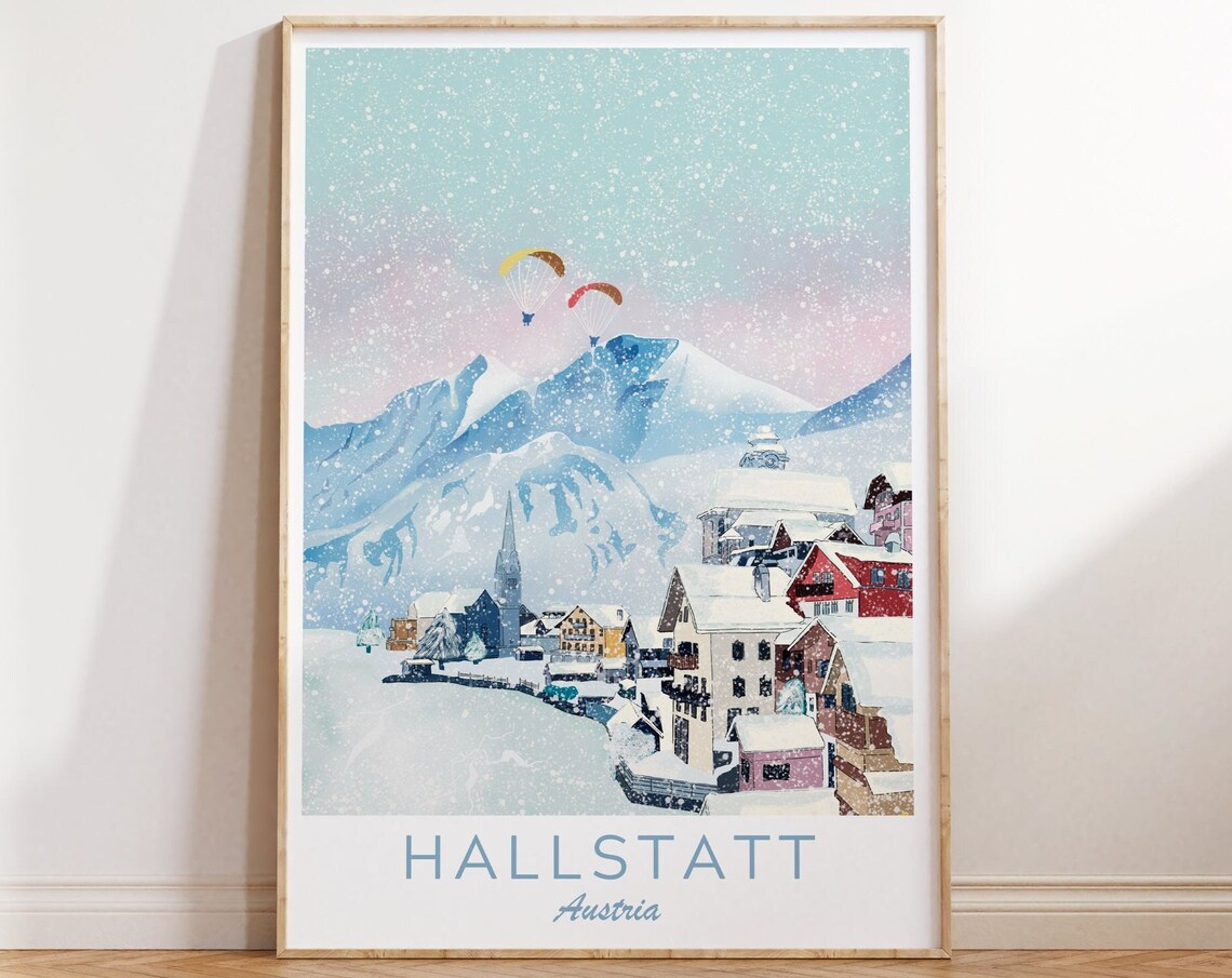 Hallstatt Austria Winter Wonderland Snowy Village Paragliders Poster
