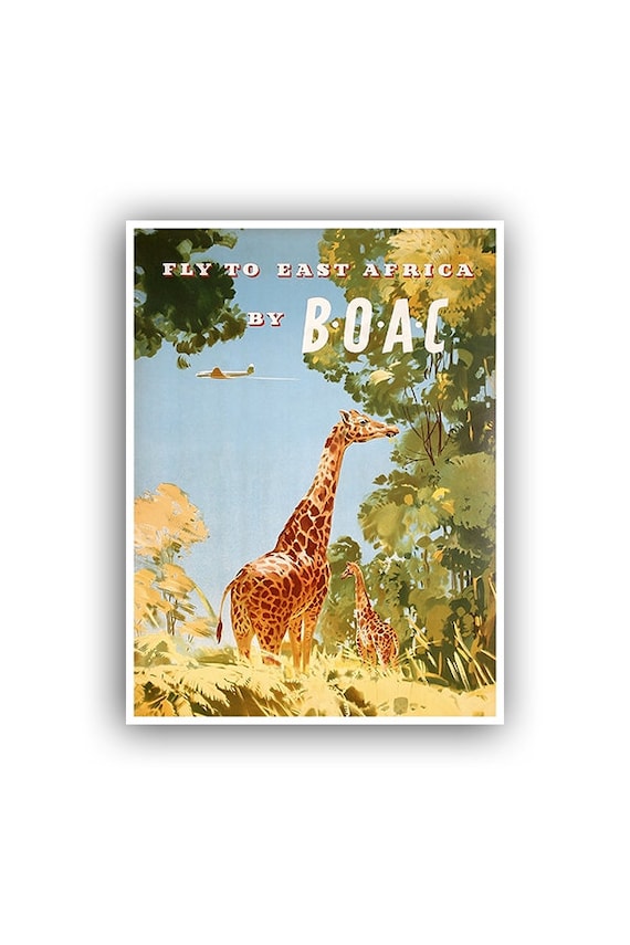 East Africa Giraffe Pair Fly BOAC Safari Vintage Travel Poster