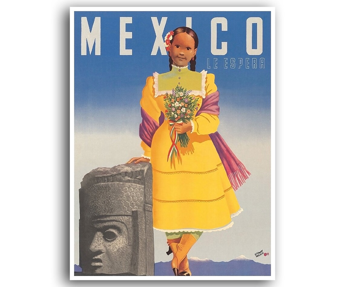 Mexico Le Espera Vintage Travel Girl Yellow Dress Folk Art Poster