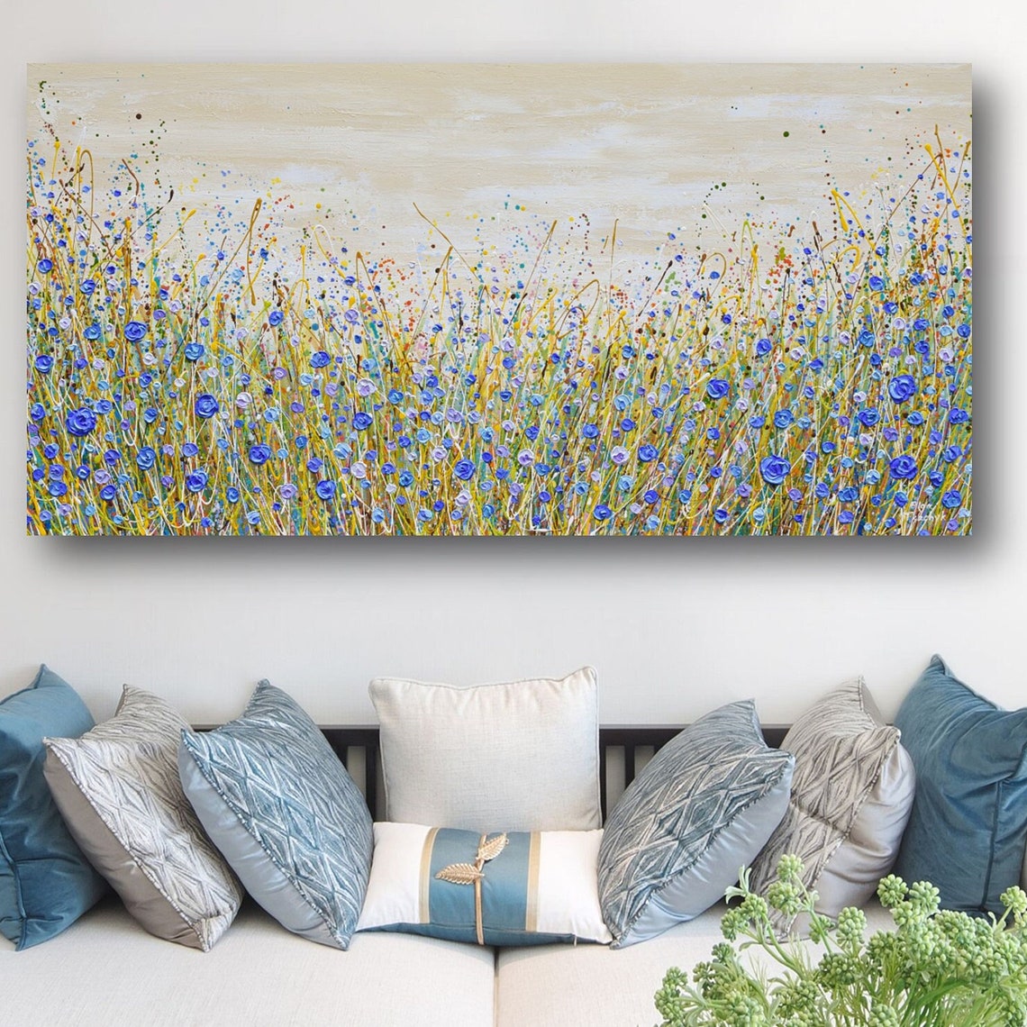Blue Wildflower Field Golden Grass Beige Sky Panoramic Art Print