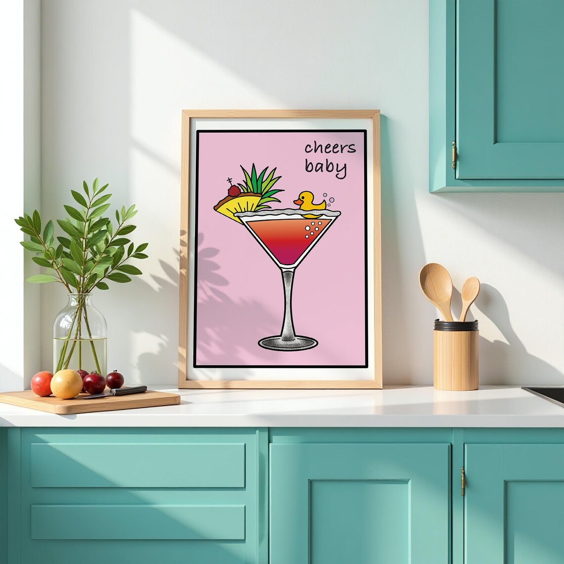Cheers Baby Pink Martini Cocktail with Duck Fun Bar Decor Print - Image 3