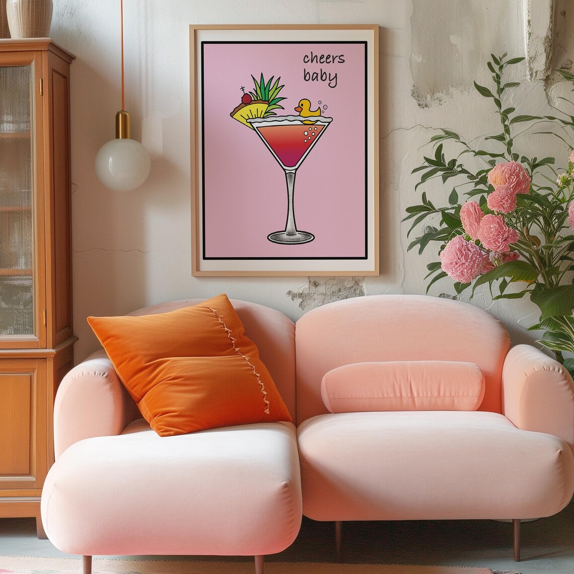 Cheers Baby Pink Martini Cocktail with Duck Fun Bar Decor Print - Image 2