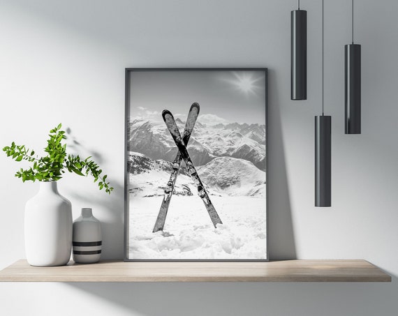 Crossed Skis Poster Wall Art Poster Print Wall Decor Skiing Winter Sports Adventure Typography Black White Home Decor Poster