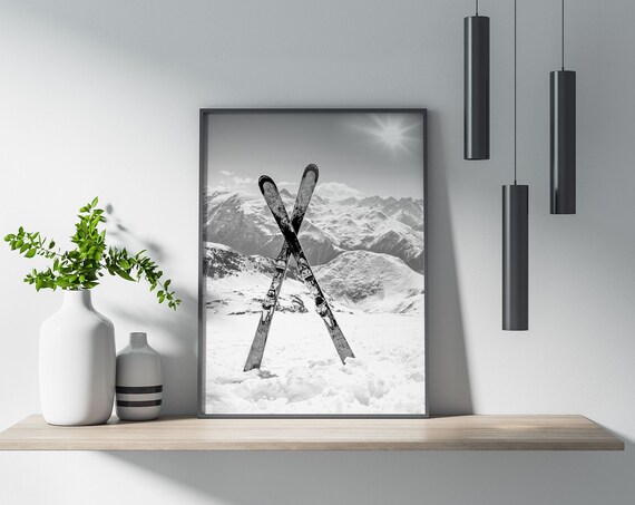 Crossed Skis Snowy Alpine Mountain Black And White Photo Poster