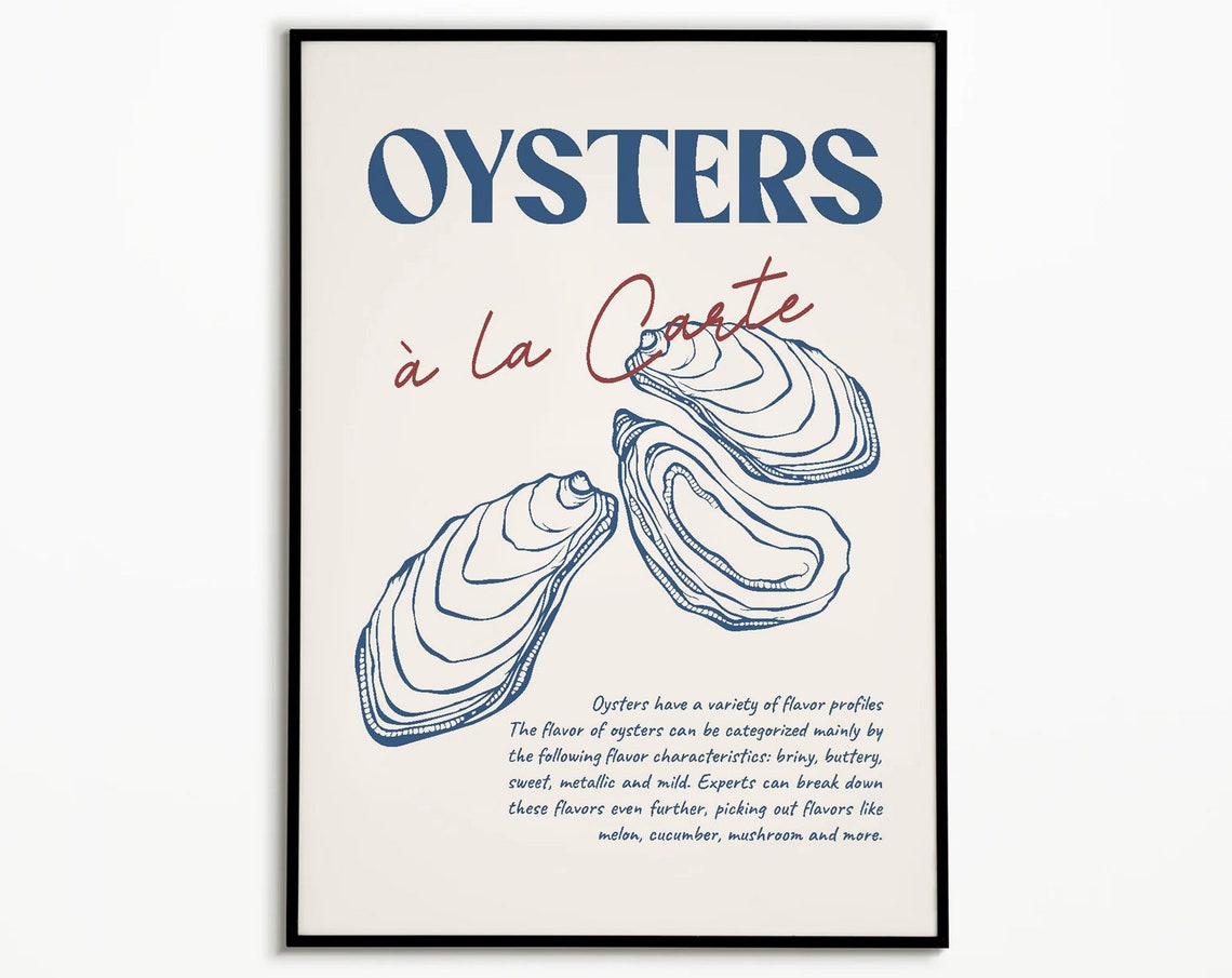 Oysters A La Carte Blue Line Art Seafood Kitchen Poster Decor