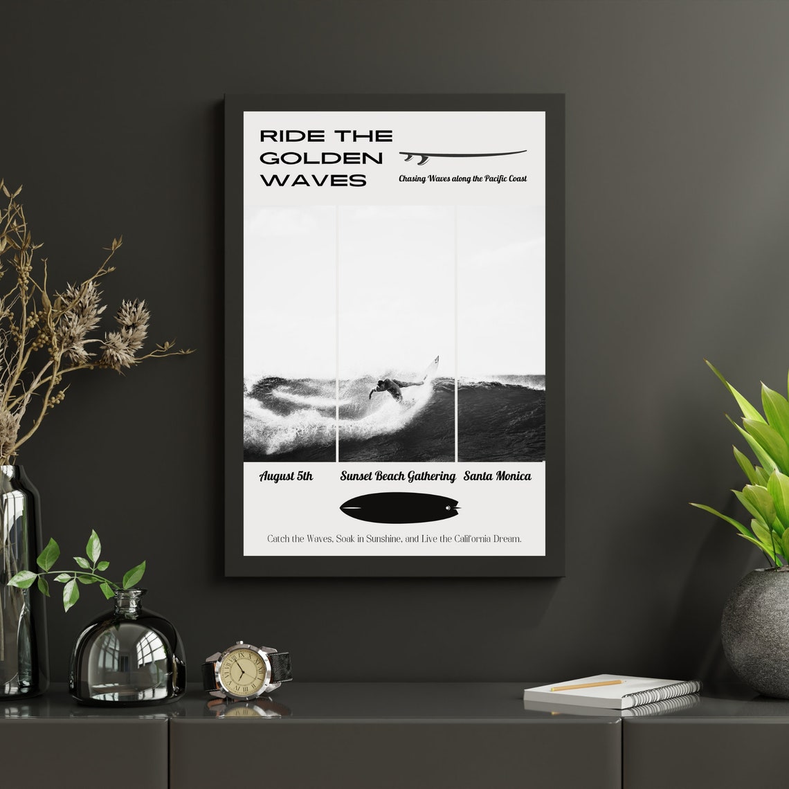 Ride the Golden Waves Black and White Vintage Surfer Art Poster - Image 2