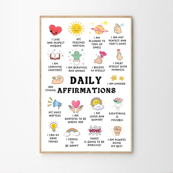 Daily Affirmations For Kids Colorful Cute Icons Classroom Decor Poster