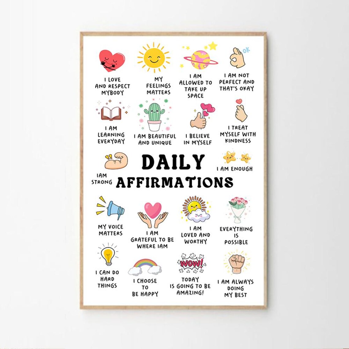 Daily Affirmations For Kids Colorful Cute Icons Classroom Decor Poster