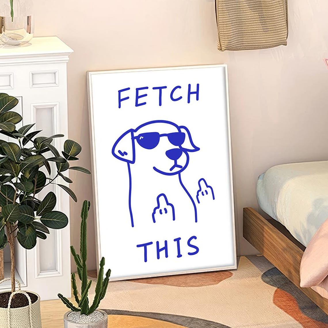 Fetch This Funny Dog Middle Finger Doodle Humor Word Art Poster