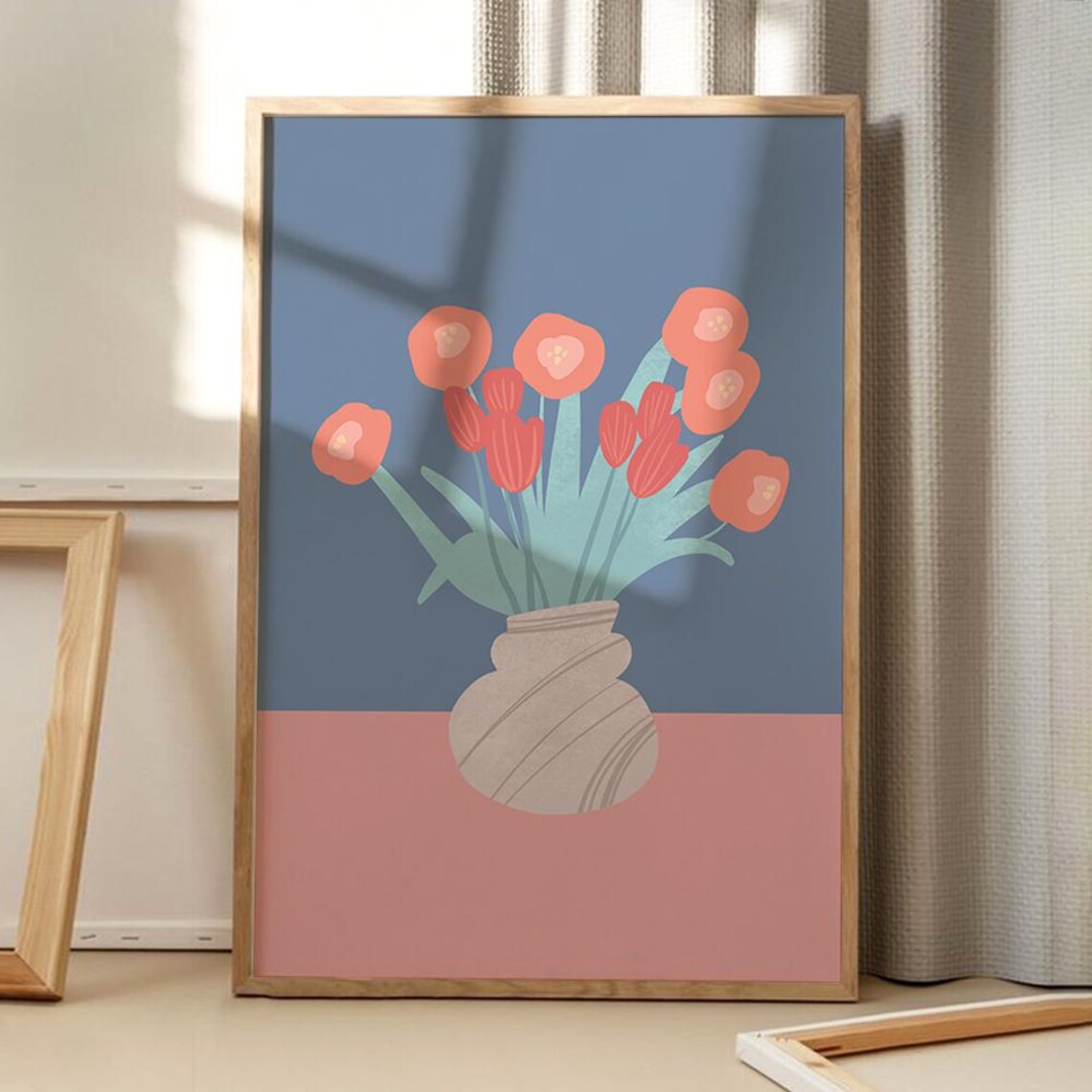Coral Tulips In Vase Modern Floral Illustration Two Tone Poster
