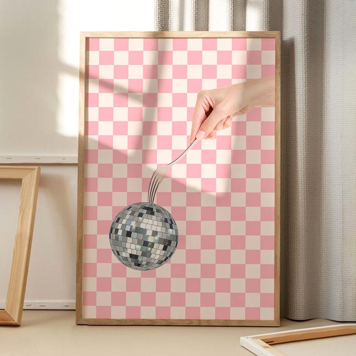 Disco Ball On Fork Hand Pink Checkerboard Quirky Pop Art Poster