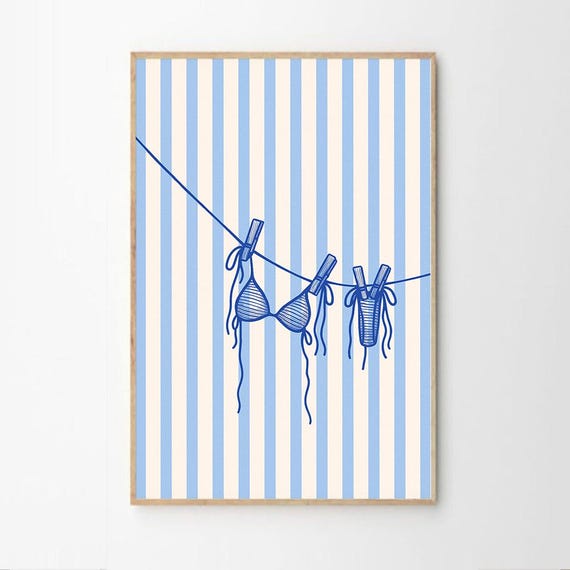 Blue Minimalist Bikini Poster, Retro Apartment Decor