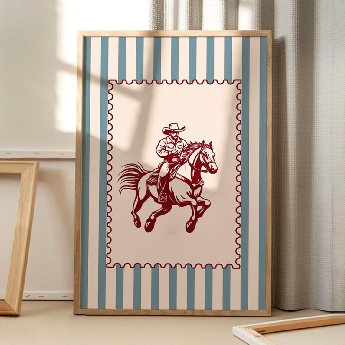 Striped Cowboy Riding Horse Western Stamp Border Retro Art Poster