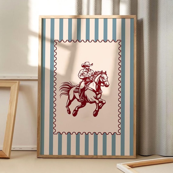 Striped Cowboy Riding Horse Western Stamp Border Retro Art Poster