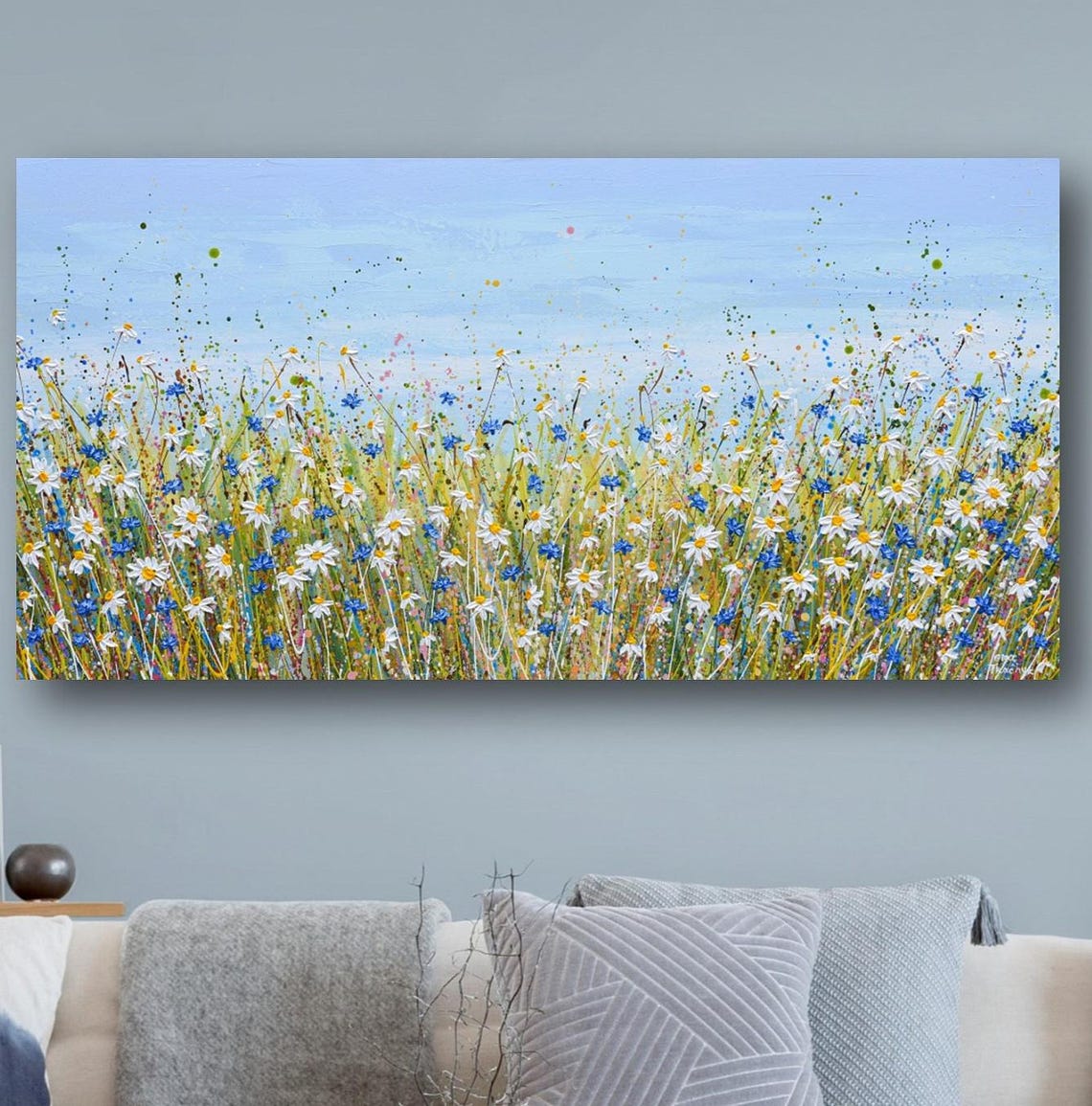 White Daisy Blue Cornflower Field Panoramic Meadow Impasto Art Print