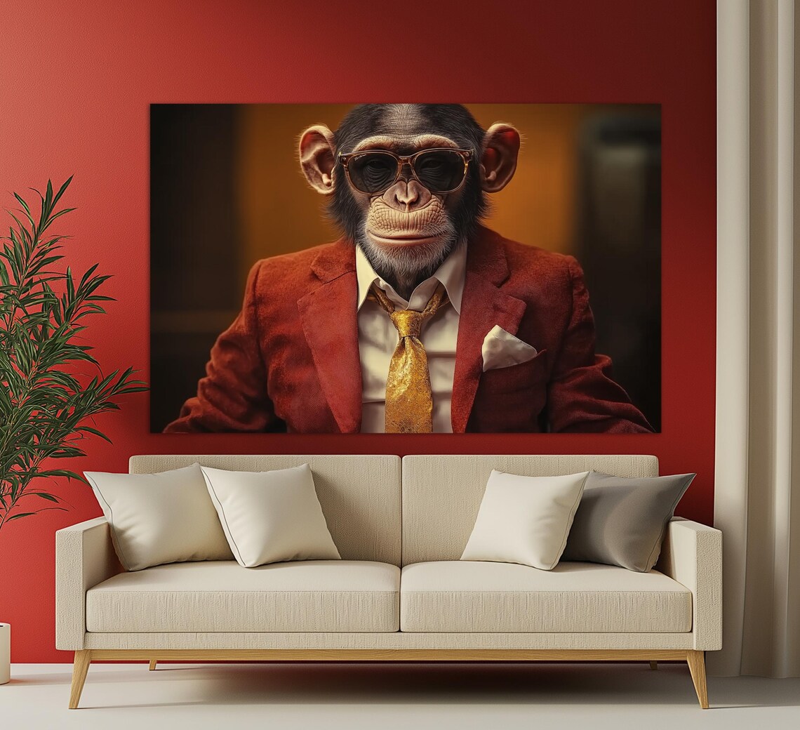 Elegant Chimpanzee In Red Suit Sunglasses Gold Tie Animal Portrait Poster