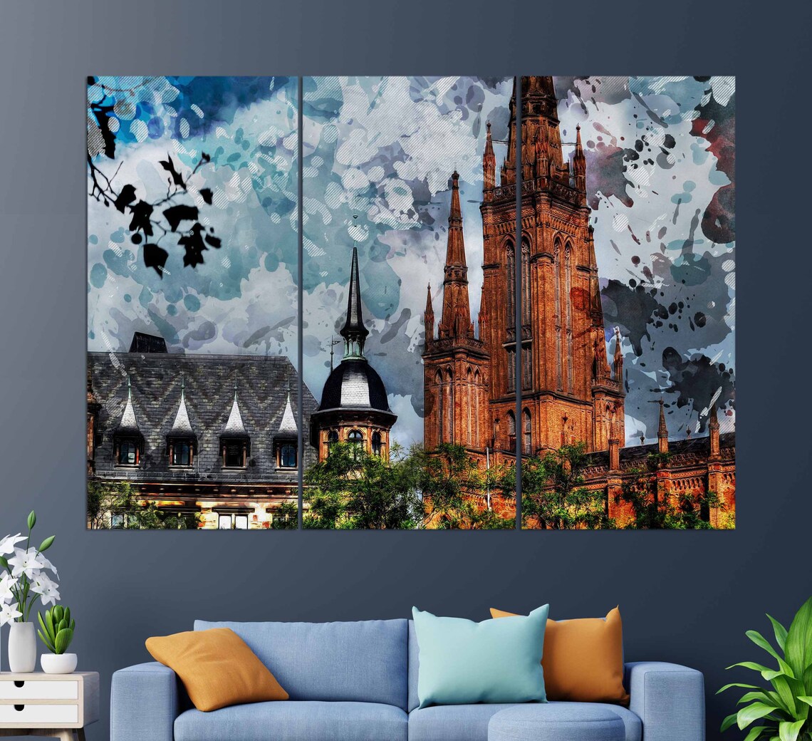 Wiesbaden Germany Red Brick Church Watercolor Landmark Travel Poster - Image 3
