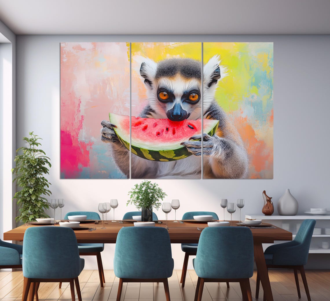 Funny Lemur Eating Watermelon Slice Pastel Colorful Animal Art Poster - Image 3