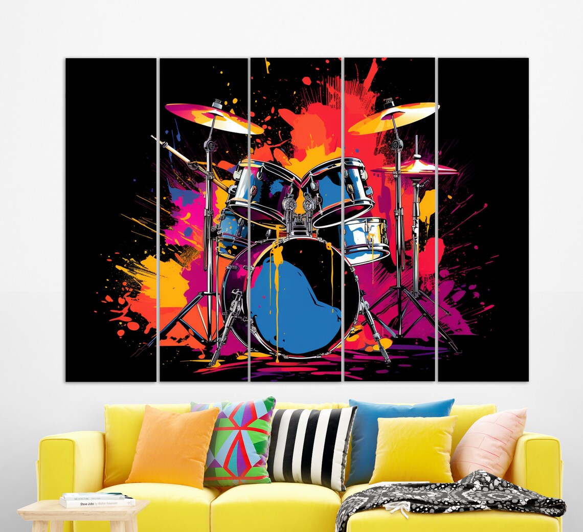 Neon Pop Art Drum Kit Colorful Paint Splash Black Background Music Poster - Image 2