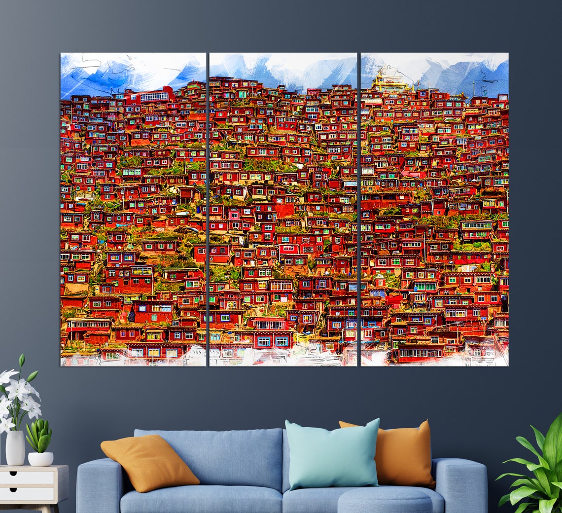 Larung Gar Sichuan China Red Buddhist Academy Hillside Travel Poster