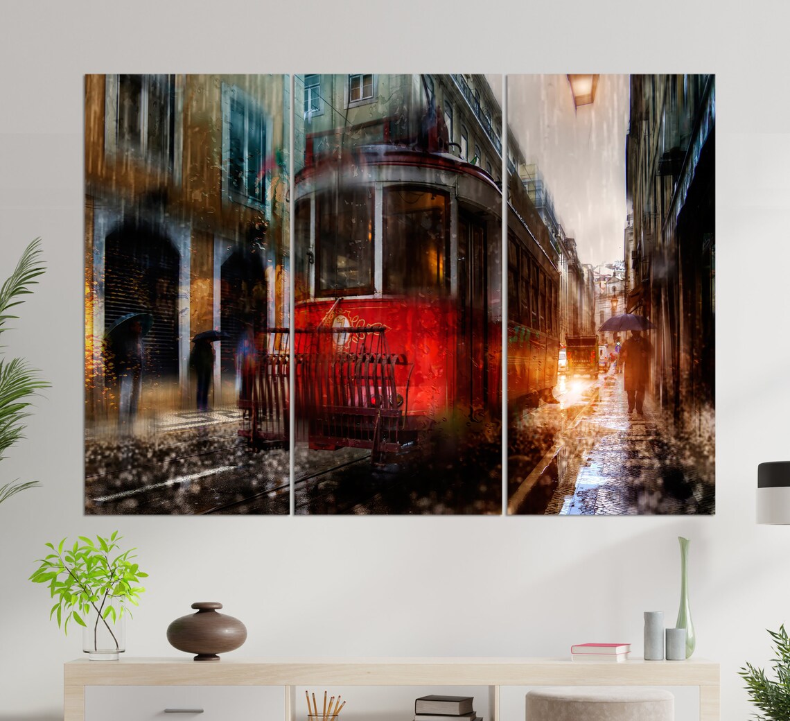 Lisbon Red Tram On Rainy Old Street Portugal Vintage Travel Poster - Image 3