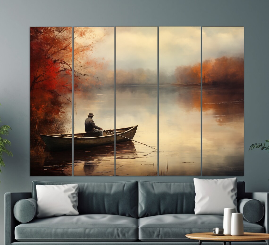 Lone Fisherman in Rowboat on Misty Autumn Lake Fishing Painting Poster - Image 3