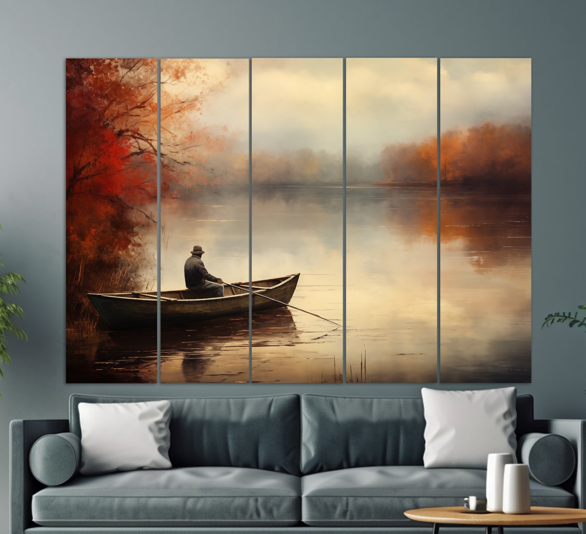 Lonely Fishing Boat On The Lake Painting Fishing Wall Art Fishing House Decor Lake House Decor Fishing Painting Fisherman Gift - Image 3