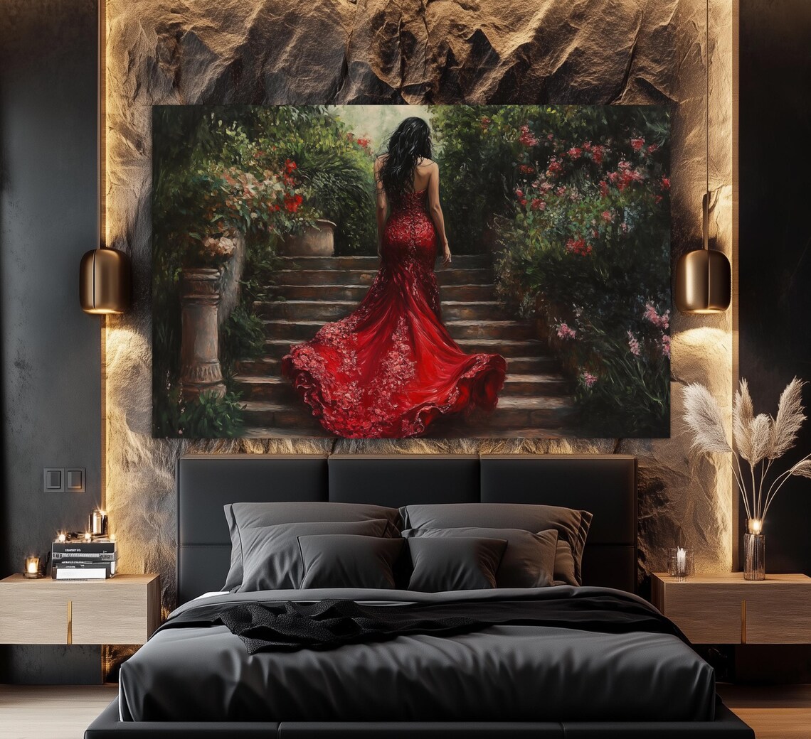 Lady In Red Dress In Garden, Portrait Art Print - Image 2