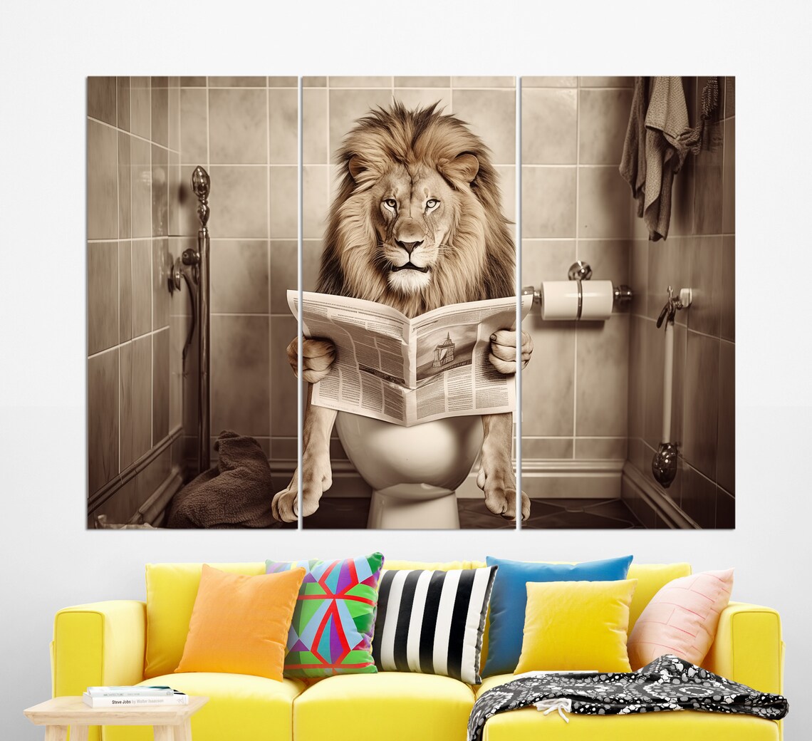 Funny Lion Reading Newspaper on Toilet Sepia Bathroom Humor Wall Art Print - Image 3
