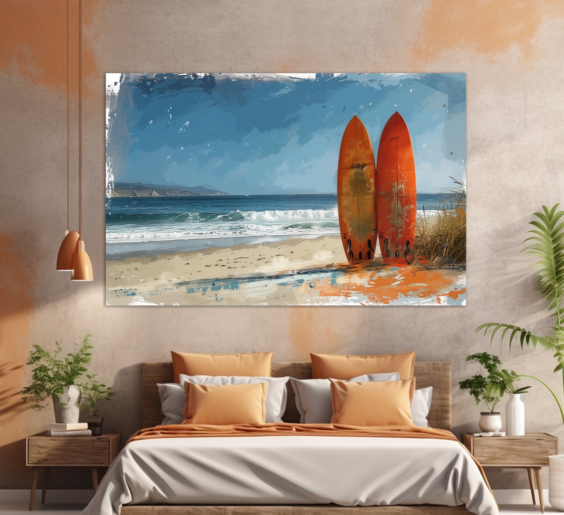 Two Orange Surfboards Standing On Sunny Beach Waves Wall Art