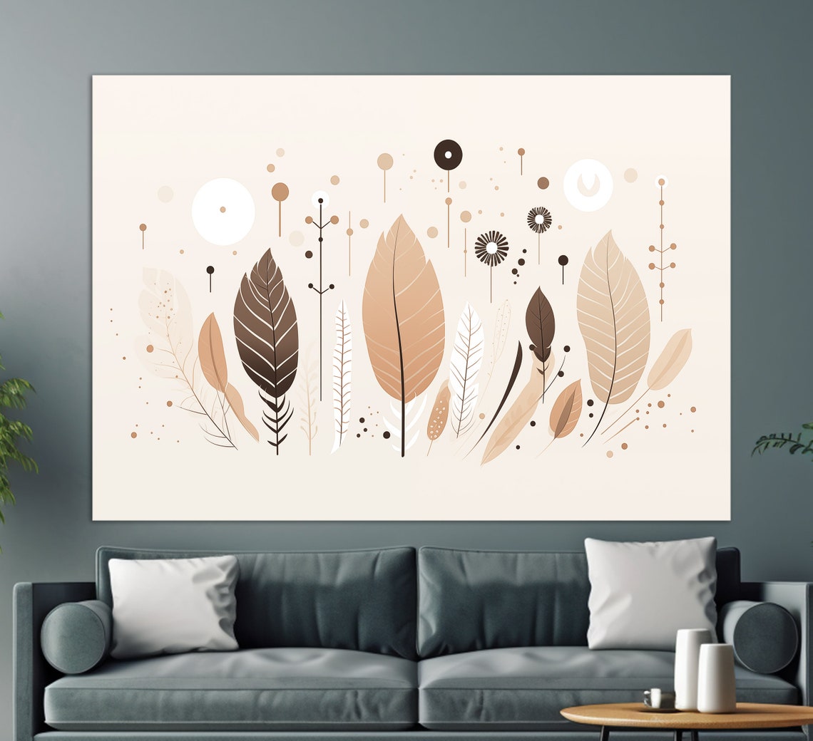 Mid Century Modern Boho Leaves In Beige Cream Minimalist Wall Art