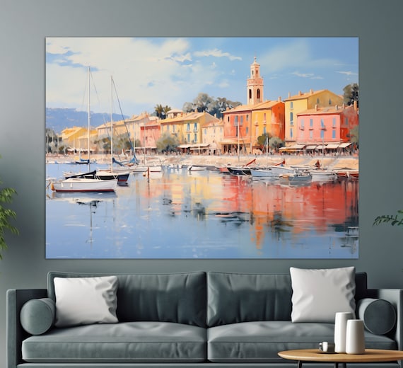 Vintage Saint Tropez Harbor Sailboats Bell Tower French Riviera Art Poster