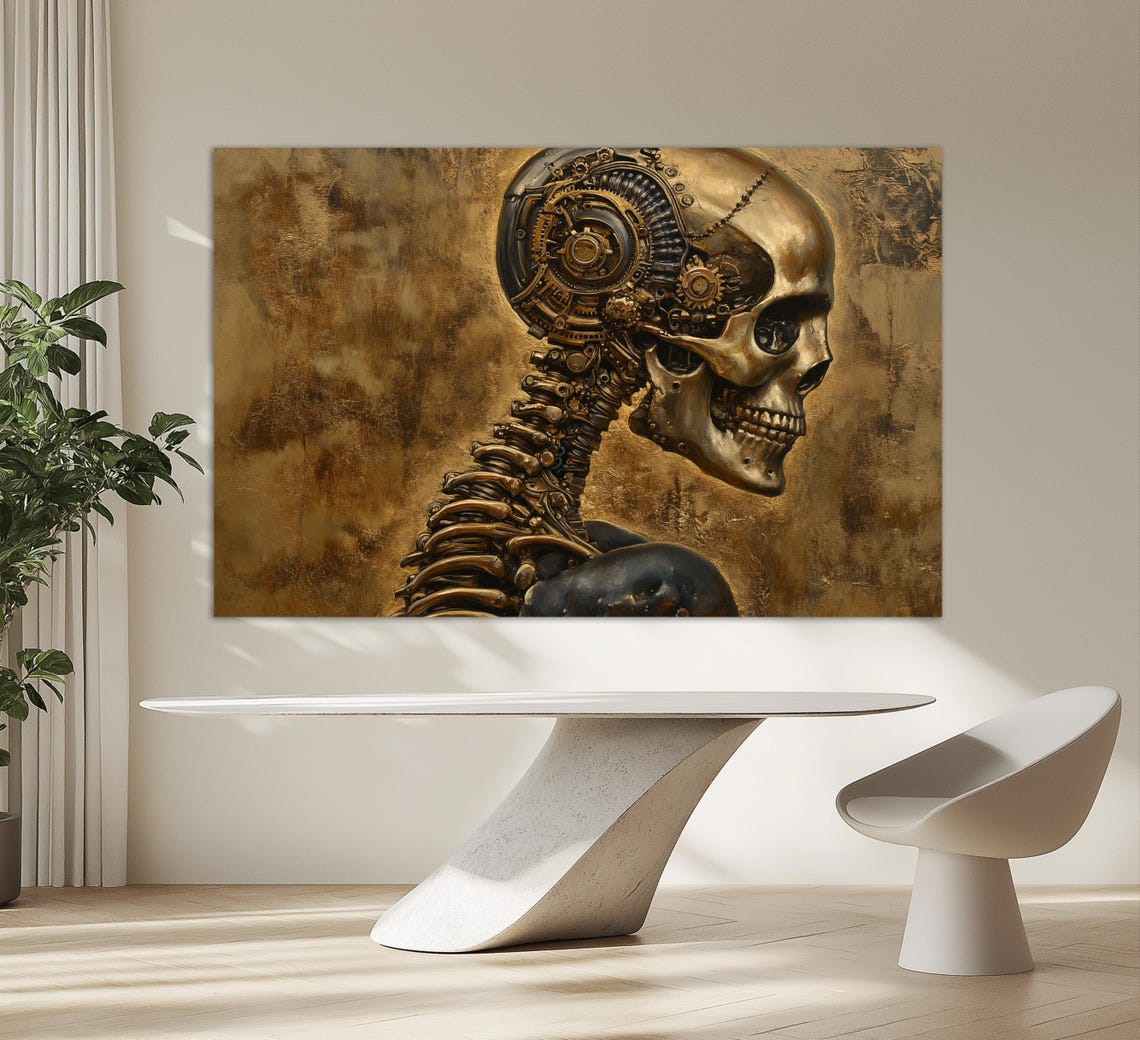Steampunk Skull With Gear Spine Bronze Gothic Anatomy Office Wall Art