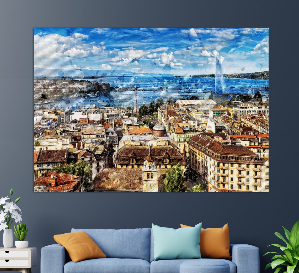 Geneva Switzerland Jet D'Eau Lake Geneva Old Town Triptych Wall Art - Image 2