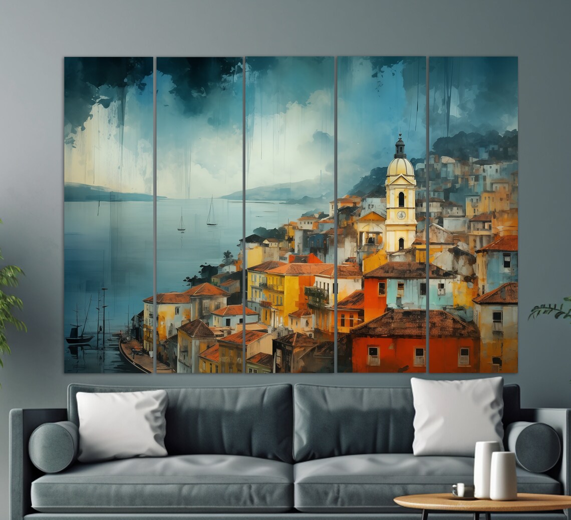 Misty Salvador Brazil Colorful Hilltop Old Town Bay Watercolor Poster - Image 2