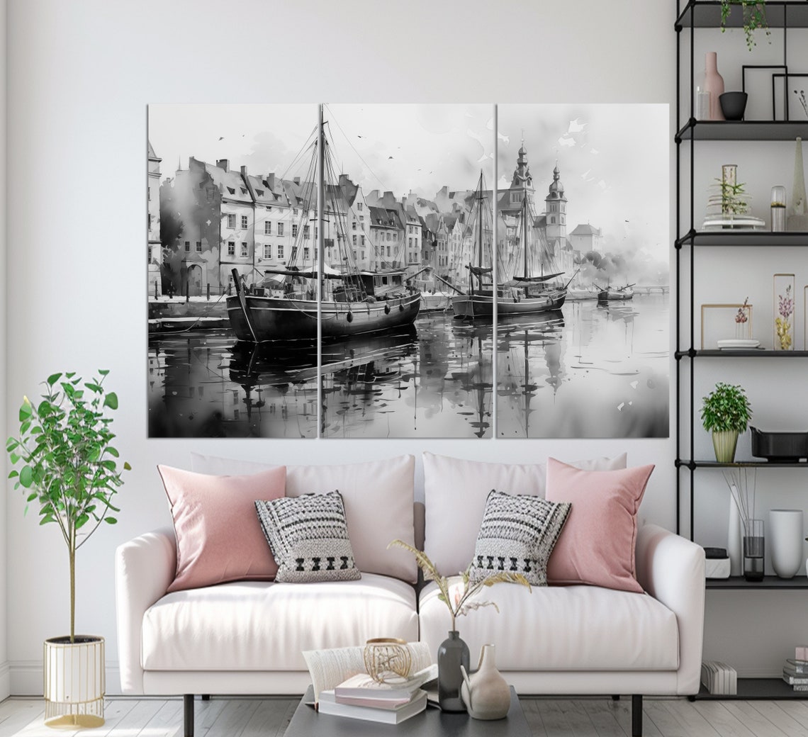 Gdansk Poland Old Harbor With Ships Watercolor Painting Travel Poster - Image 2