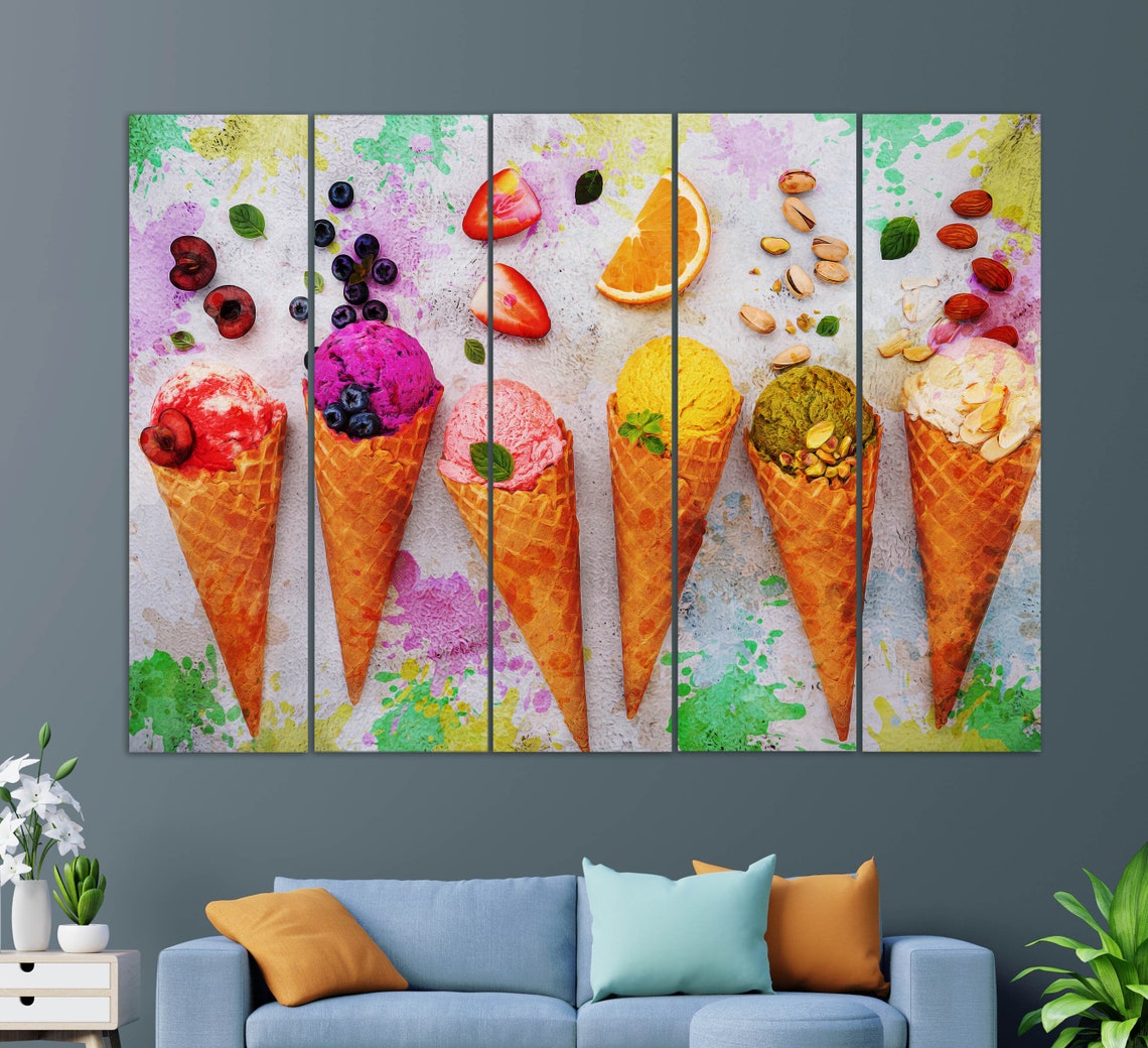 Colorful Ice Cream Cones Fruit Toppings Fun Kitchen Diner Wall Art - Image 2