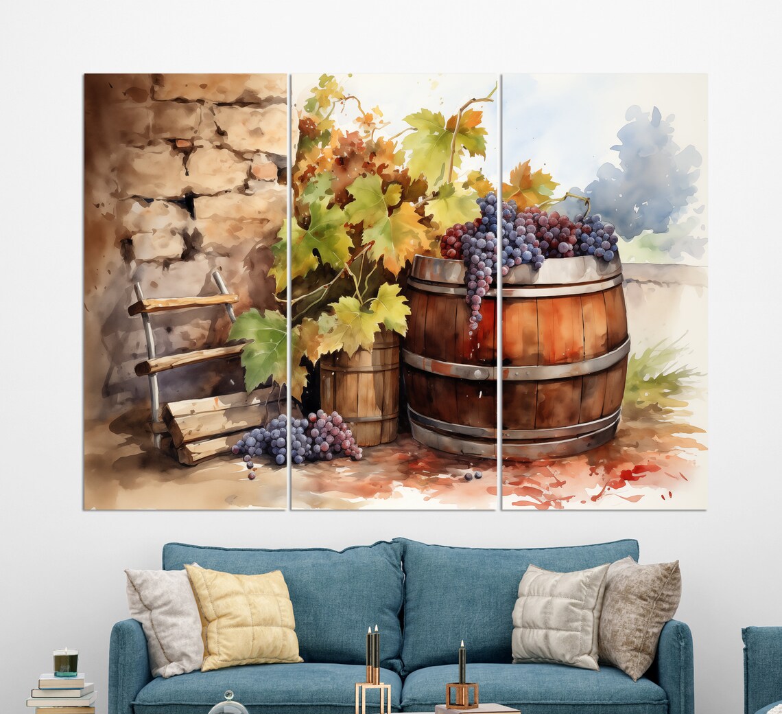 Wine Barrel Grapes Watercolor Winery Kitchen Rustic Vineyard Art Poster - Image 2