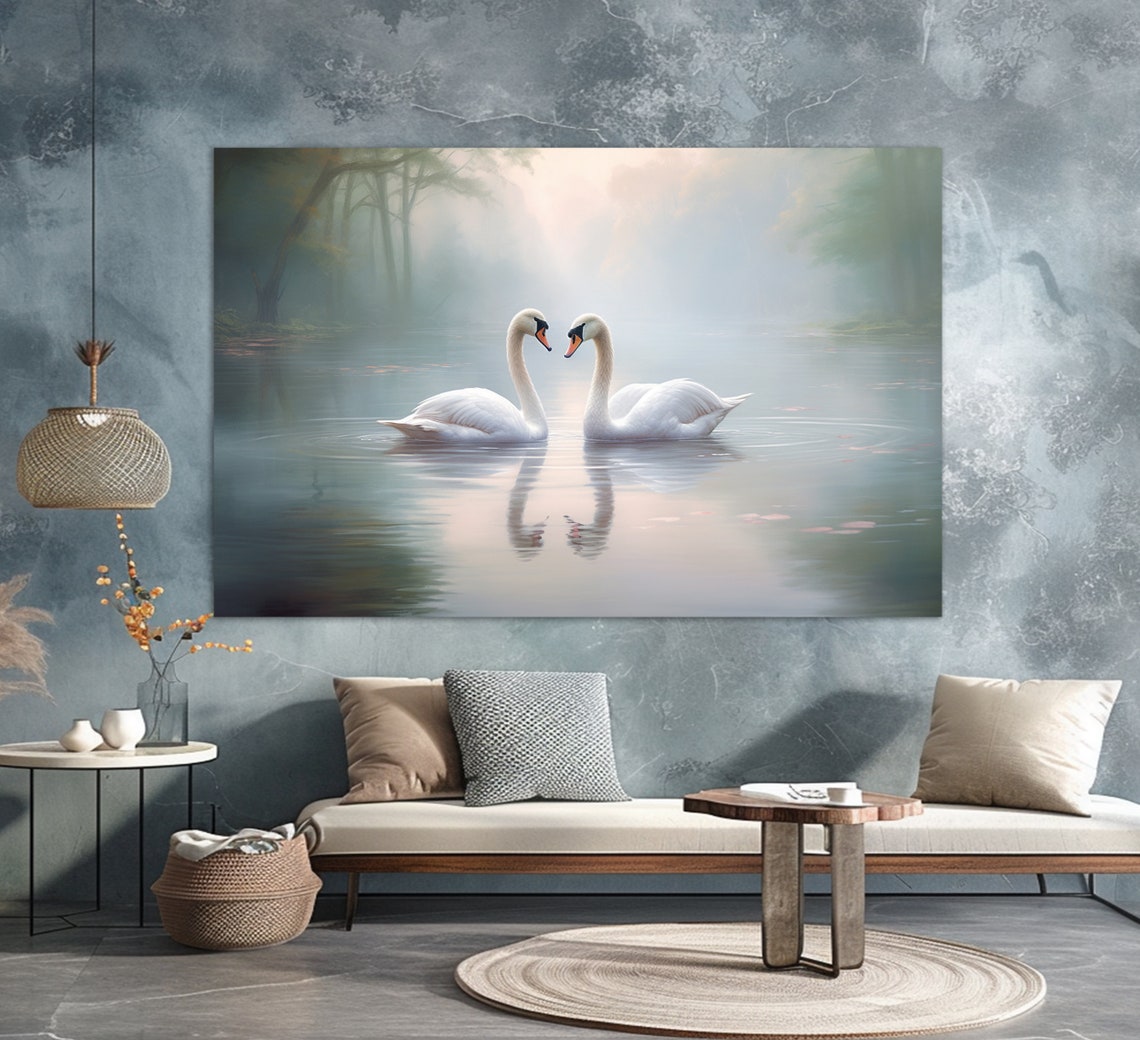 Swan Couple Facing Each Other Misty Lake Romantic Art Poster