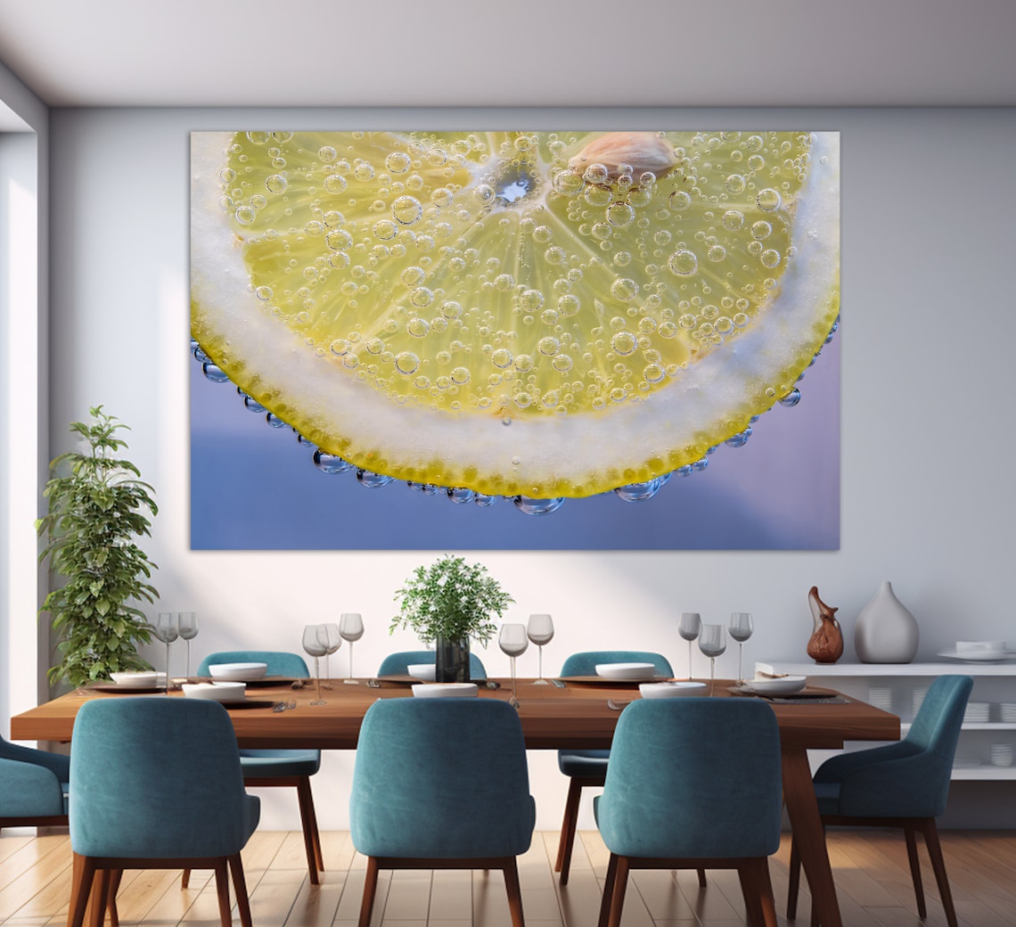 Fresh Lemon Slice Macro Bubbles Bright Yellow Citrus Photography Poster